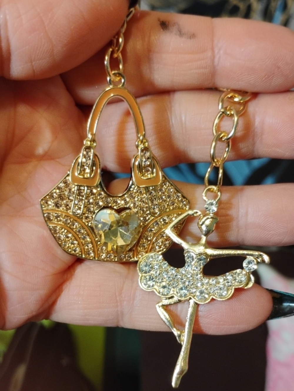 Gold Crystal Tote & Ballerina Bag Charm rKeychain